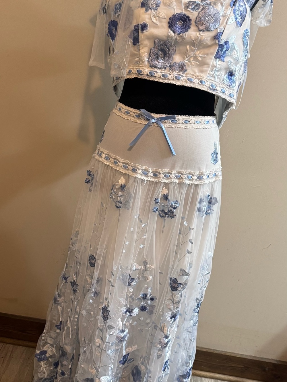 Altar'd State White Maxi Skirt with Light Blue Floral Embroidery